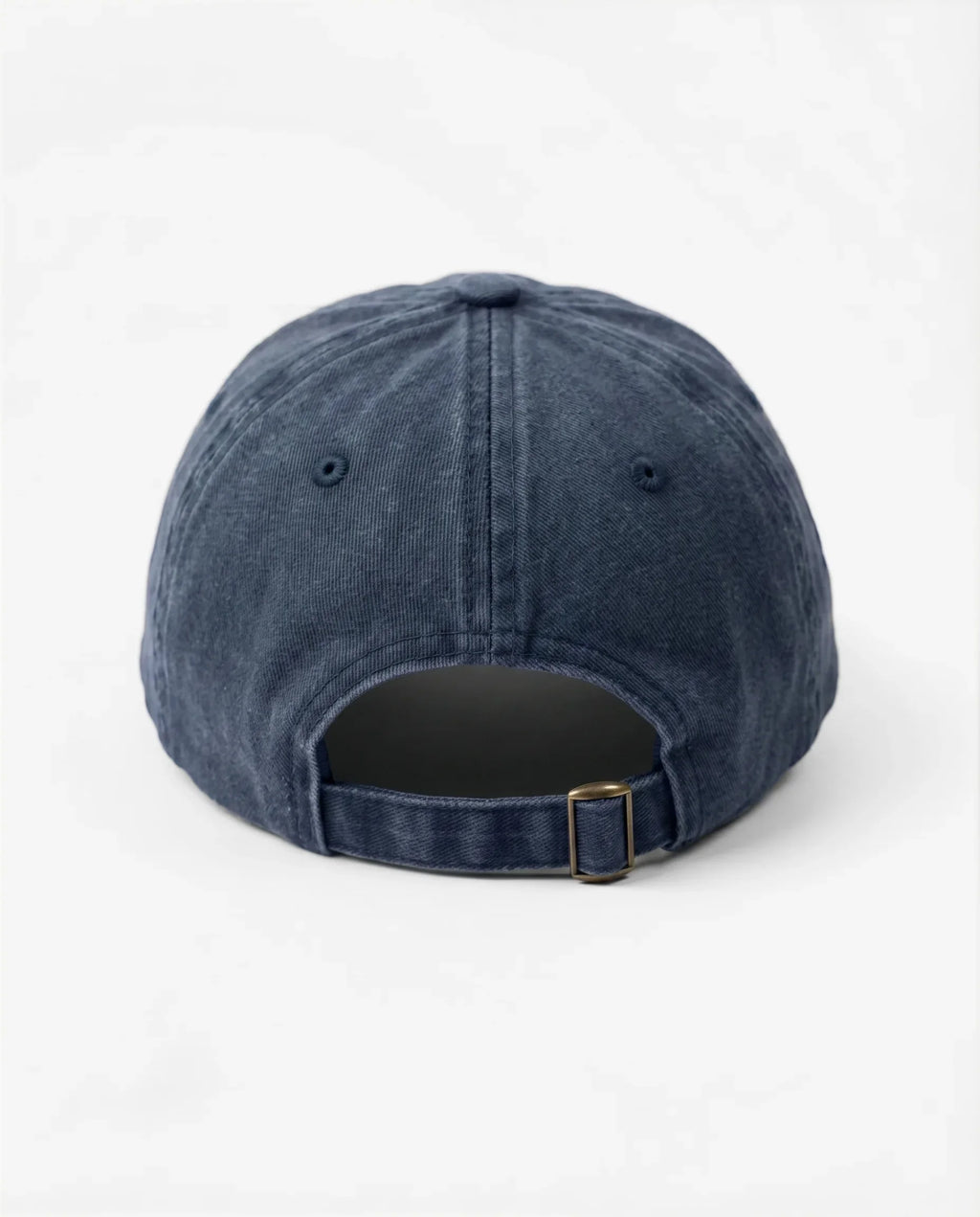 Watermelon dad hat in Blu navy, back view with brass buckle strap