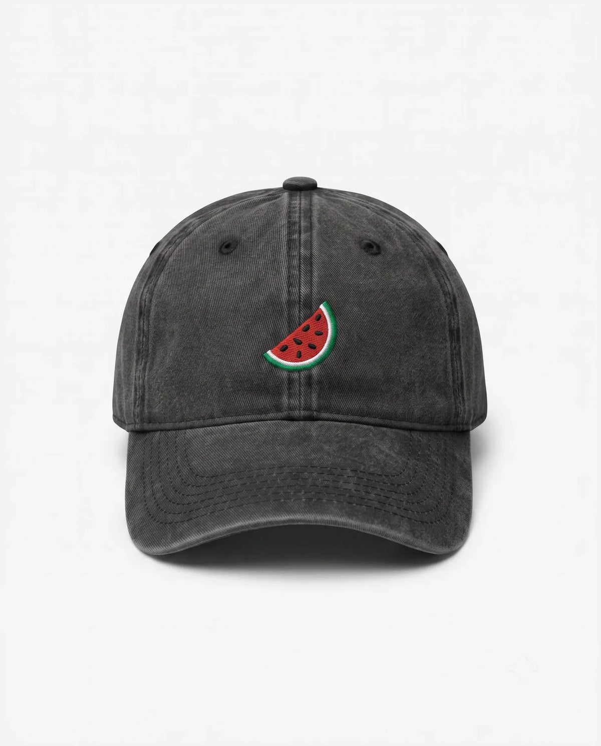 Watermelon dad hat in Black, front view: embroidered watermelon slice, washed cotton