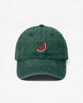 Watermelon dad hat in Emerald Green, front view: embroidered watermelon slice, washed cotton